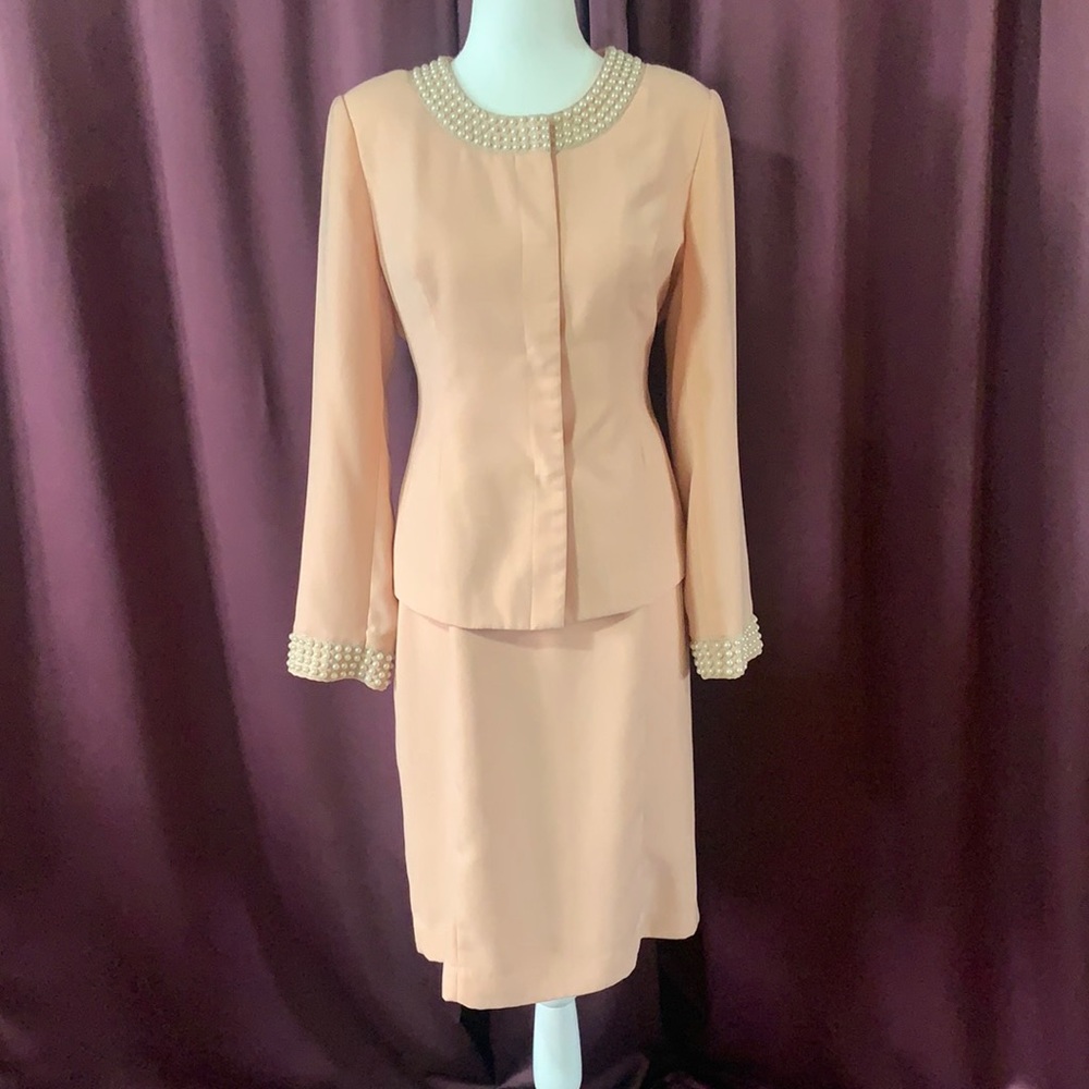 Peach Size 8 Dress Suit with Jacket with Pearls